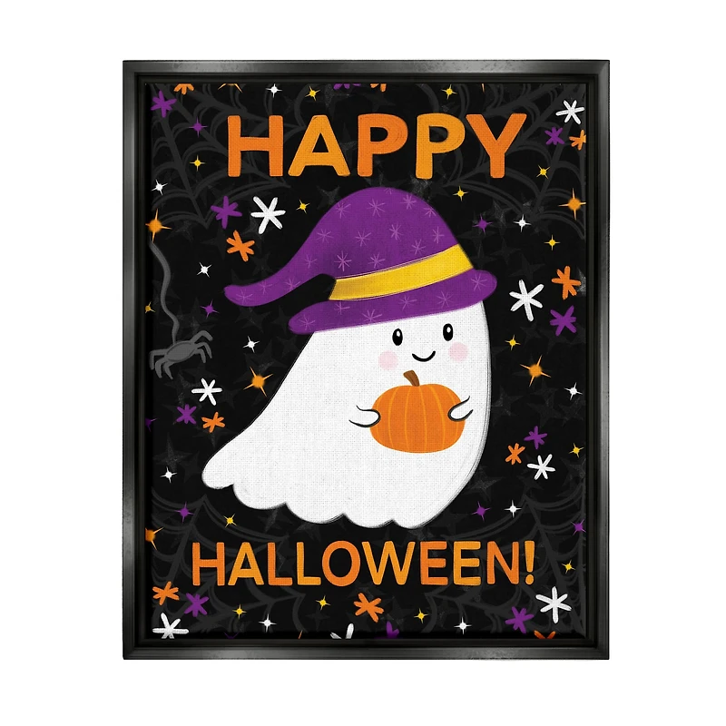 Stupell Industries Happy Halloween Happy Ghost Framed Floater Canvas Wall Art