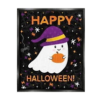 Stupell Industries Happy Halloween Happy Ghost Framed Floater Canvas Wall Art
