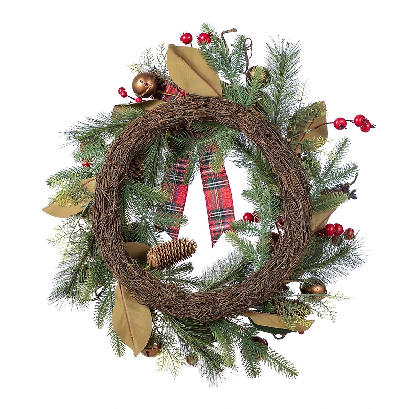 Glitzhome® 24"D Christmas Bell, Pinecone & Berry Bow Wreath