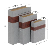 Gray Linen Faux Book Box with Faux Leather Detailing Set