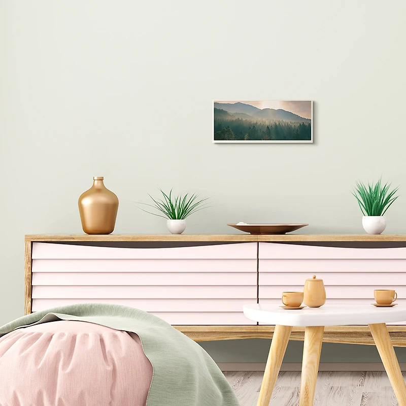 Stupell Industries Morning Sun over Misty Tree Forest Landscape,7" x 17"