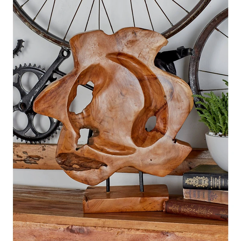 19" Brown Teak Wood Contemporary Sculpture