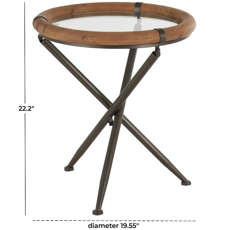 22.25" Brass Metal Round Accent Table with Wooden Framed Glass Tabletop