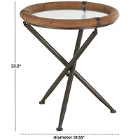 22.25" Brass Metal Round Accent Table with Wooden Framed Glass Tabletop