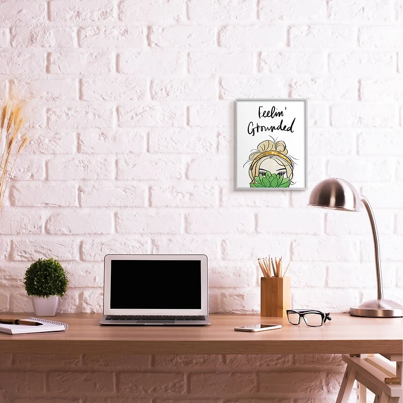 Stupell Industries Feelin' Grounded Phrase Woman With Plant in Gray Frame Wall Art