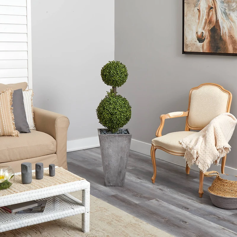 4ft. Double Boxwood Topiary Tree in Cement Planter