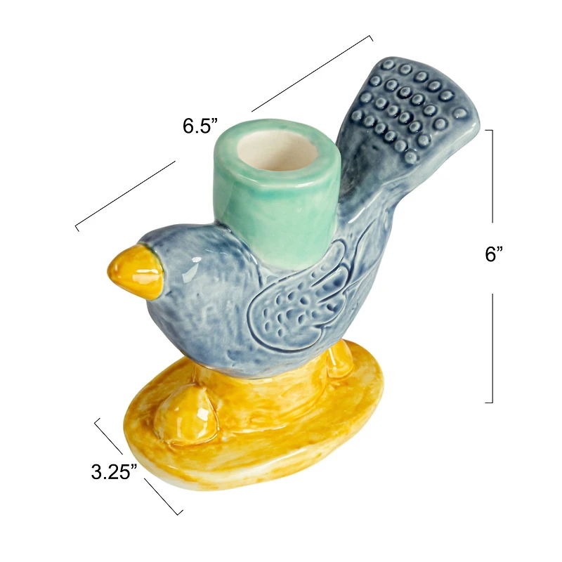 Hello Honey® 6" Yellow & Blue Chirpy Elegance Stoneware Taper Candle Holder
