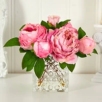 8.5" Pink Peony In Square Textured Glass Vase