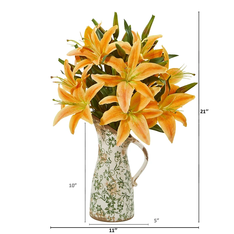 21" Orange Lily Arrangement in Green & White Distressed Floral Pitcher