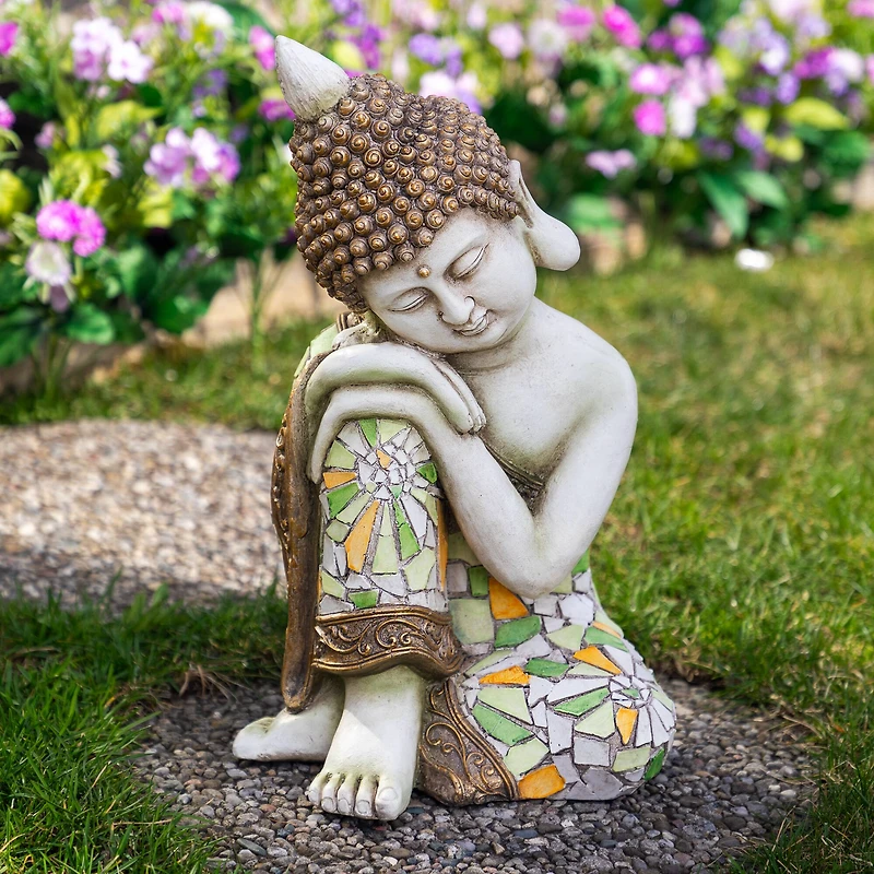 17" Resting Mosaic Buddha Outdoor Ceramic Garden Statue
