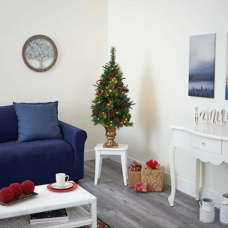 4ft. Pre-Lit Pine Artificial Potted Christmas Tree with Pinecone & Berries, Clear LED Lights