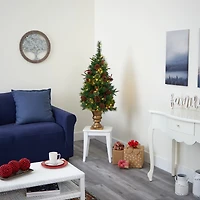 4ft. Pre-Lit Pine Artificial Potted Christmas Tree with Pinecone & Berries, Clear LED Lights