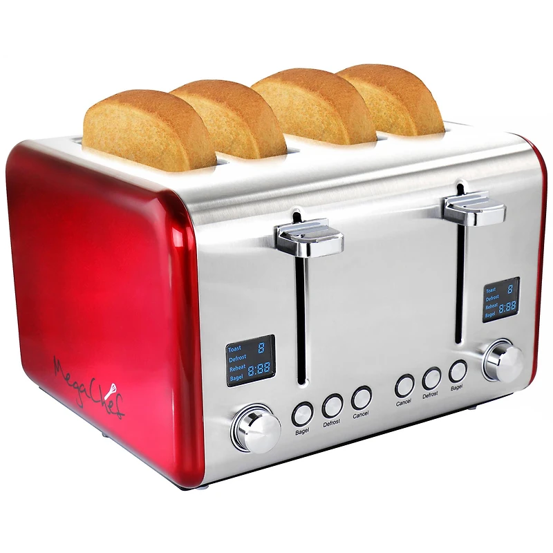MegaChef Red 4 Slice Toaster in Stainless Steel