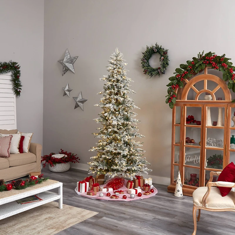 8.5ft. Pre-Lit Slim Flocked Nova Scotia Spruce Artificial Christmas Tree, Warm White LED Lights