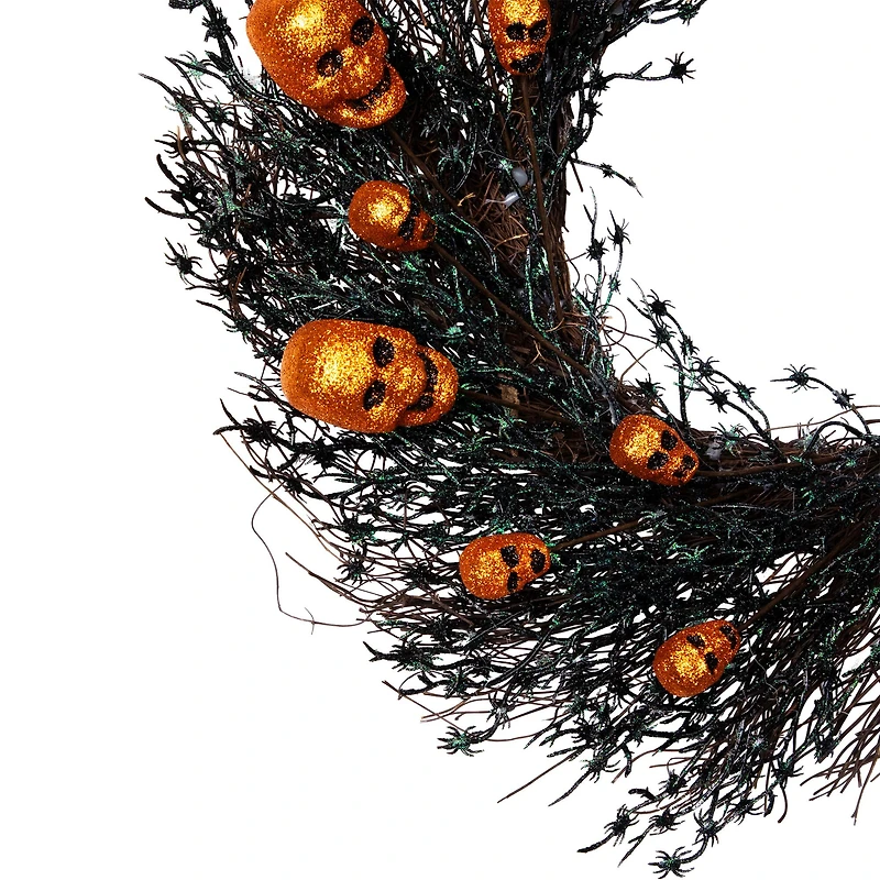 22" Black & Orange Skulls and Spiders Halloween Twig Wreath