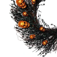 22" Black & Orange Skulls and Spiders Halloween Twig Wreath