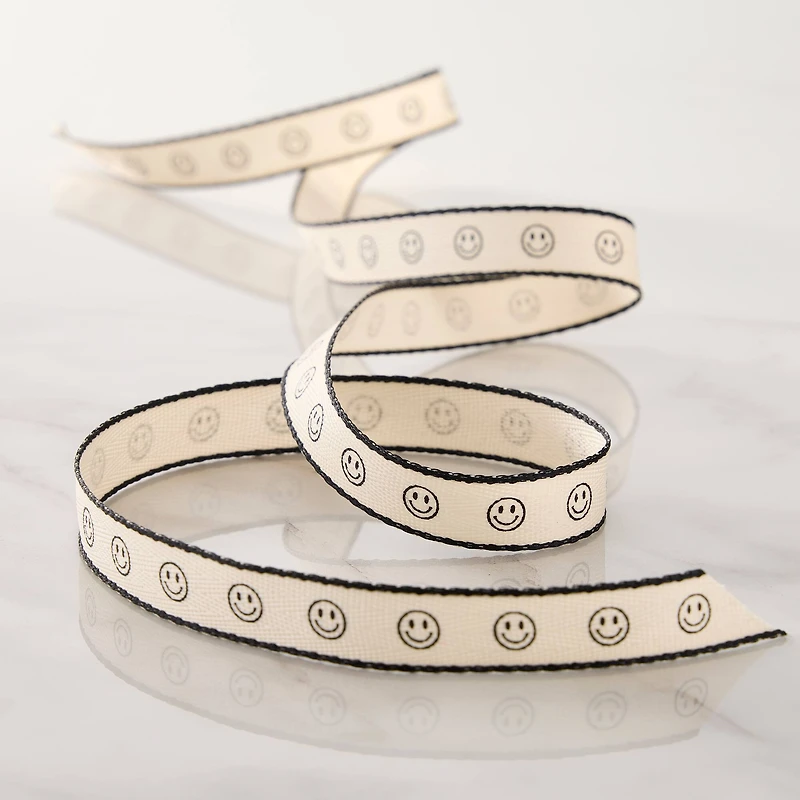 5/8" x 7yd. Black Smiley Face Faux Linen Ribbon by Celebrate It® Classic