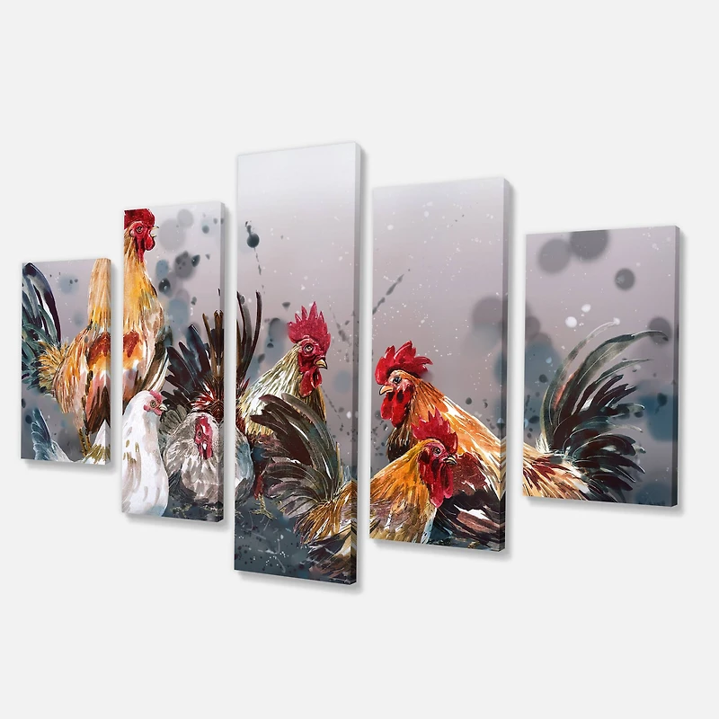 Designart - Group of Rooster in Gray Farm background