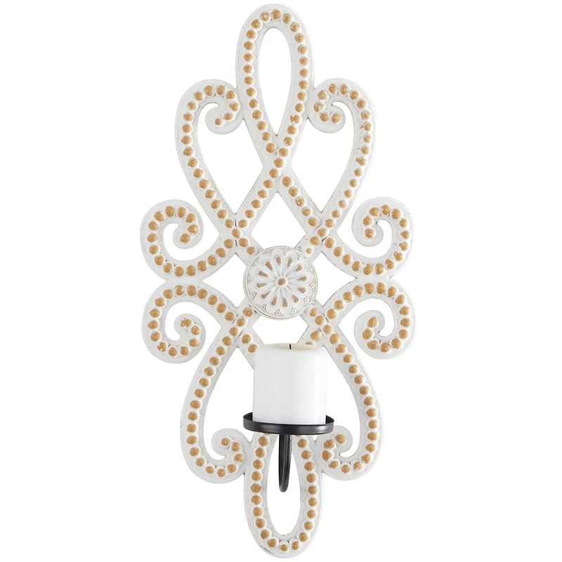 24" White Wood Beaded Pillar Scroll Wall Sconce