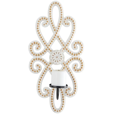 24" White Wood Beaded Pillar Scroll Wall Sconce