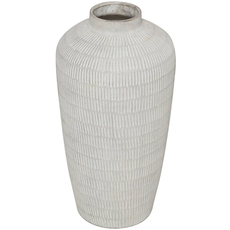 Cream Ceramic Textured Vase with Linear Pattern