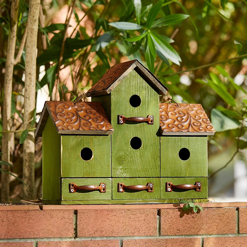 Glitzhome® 16.25" Distressed Wood Villa Birdhouse with Birdfeeder