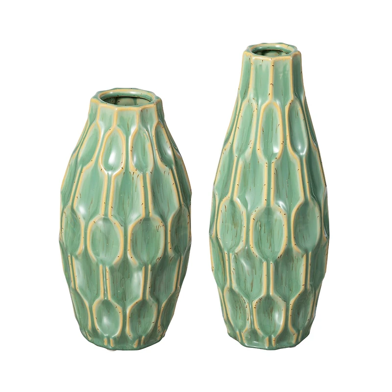 Glitzhome® Geometric Green Ceramic Modern Vase Set