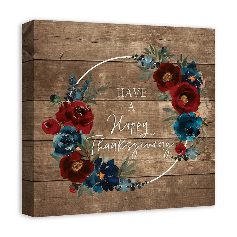 Happy Thanksgiving Floral Wreath Canvas Wall Art