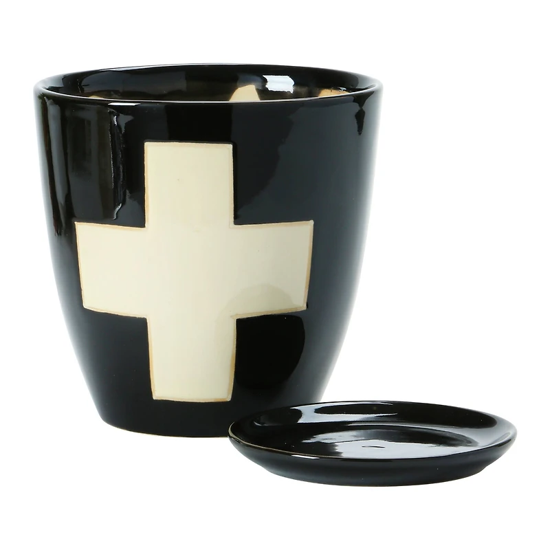 Hello Honey® 6" Black Stoneware Planter with Saucer & Wax Relief White Swiss Cross Set