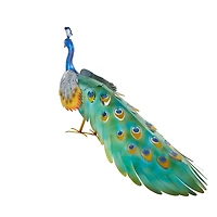 Blue Metal Peacock Decorative Garden Sculpture with Gold Legs and Teal Wings