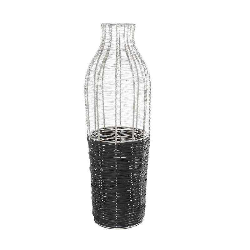 24" Silver Metal Vase with Woven Black Rattan Base