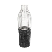24" Silver Metal Vase with Woven Black Rattan Base
