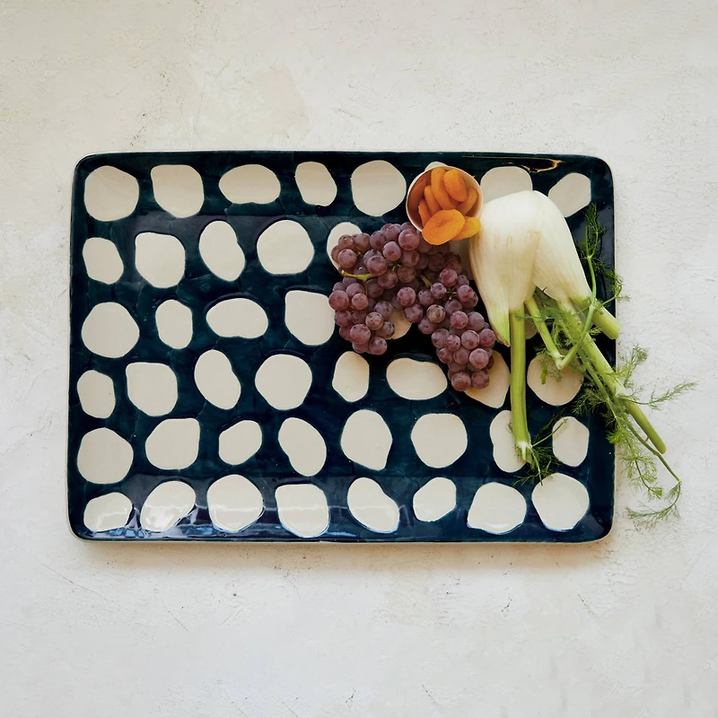 Hello Honey® 18" Blue & White Wax Relief Dots Stoneware Platter
