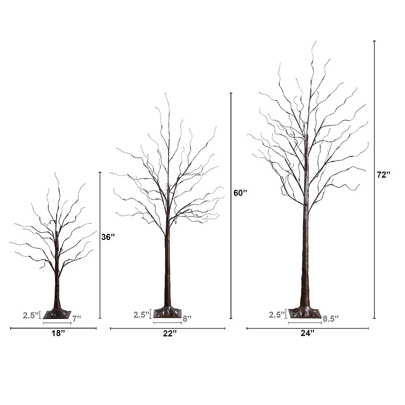 3ft. 5ft. 6ft. Artificial Brown Birch Trees with Warm White LED Lights - Set of 3