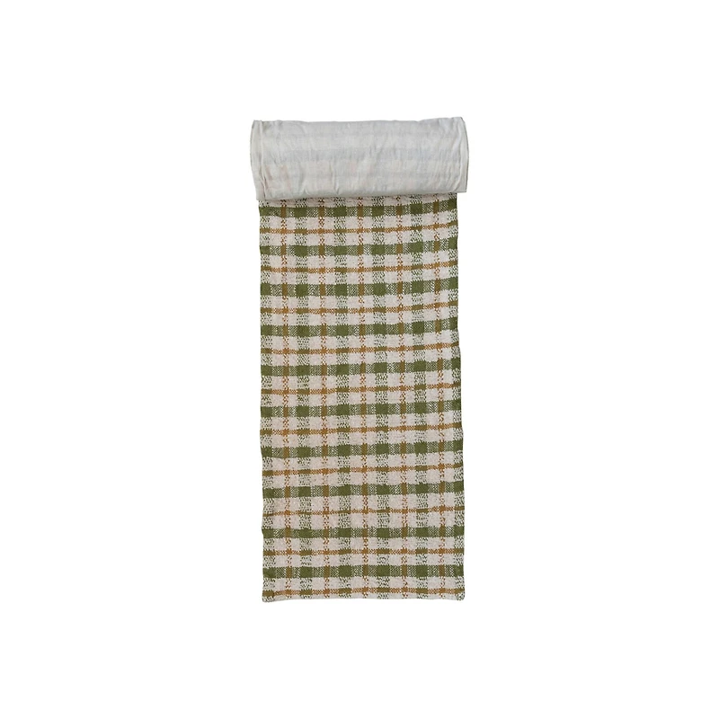 Hello Honey 108" x 14" Cream, Green & Yellow Plaid Woven Cotton Table Runner