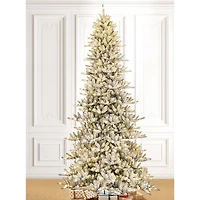 11ft. Pre-Lit Flocked Fir Slim Artificial Christmas Tree, Warm White LED Lights