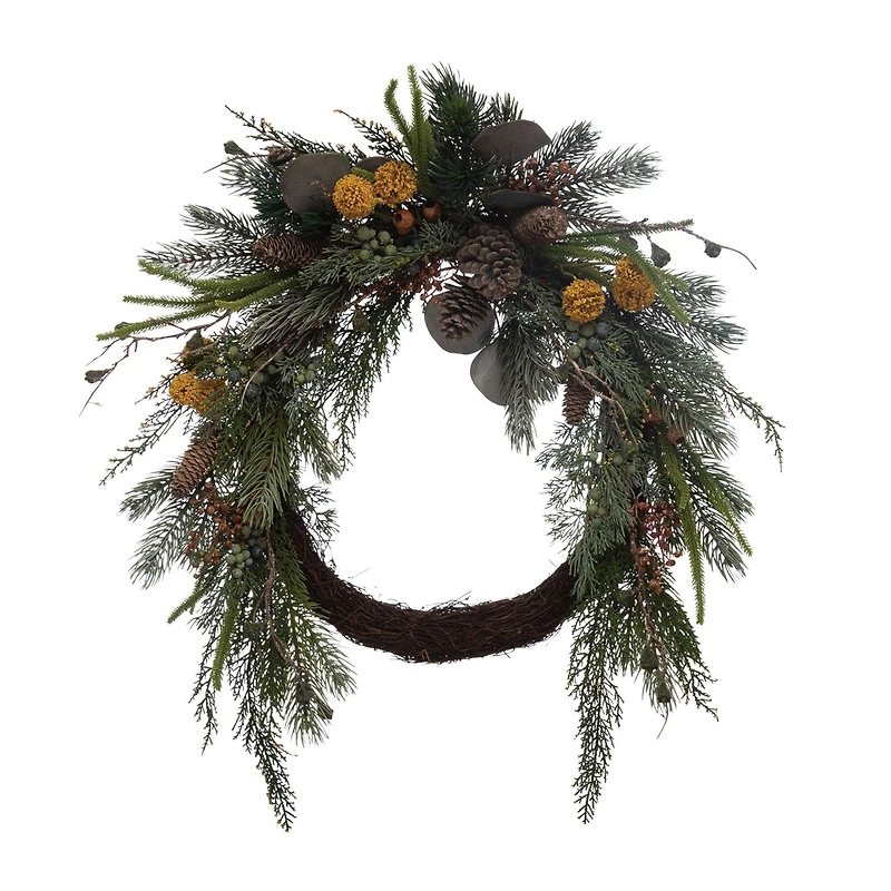 Hello Honey® 28" Dark Green & Yellow Evergreen Wreath with Pinecones, Berries & Pods