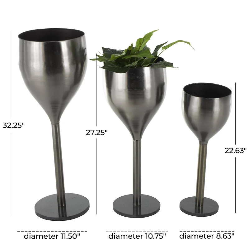 Silver Wine Glass Inspired Metal Planter Set
