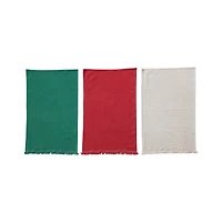 Hello Honey® Red, Green & Natural Cotton Waffle Weave Tea Towel Set with Fringe