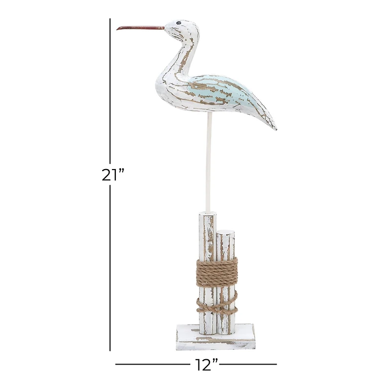 Coastal White Wood and Jute Seabird Sculpture, 21" x 12" x 3"
