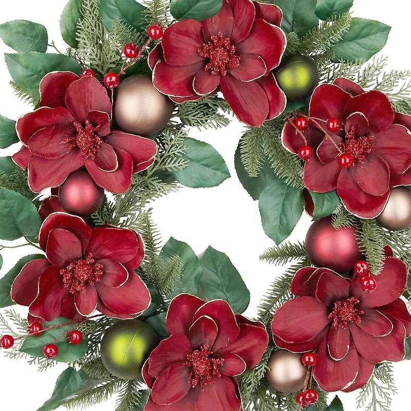 24" Burgundy Magnolia & Ornament Wreath by Ashland®