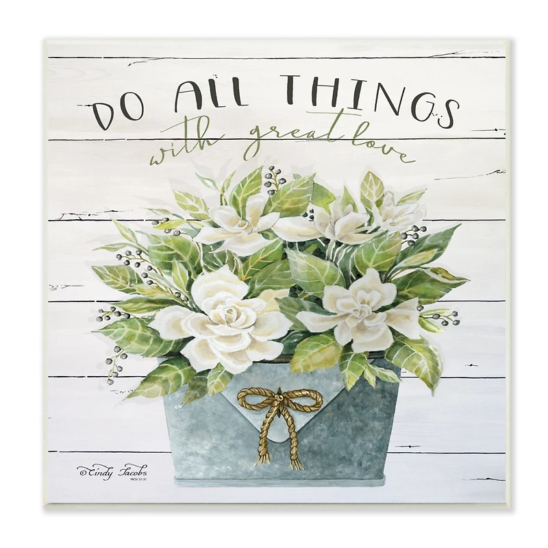 Stupell Industries Do All Things With Great Love Floral Magnolia Pail Planked Look Wood Wall Plaque