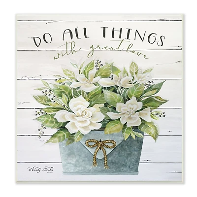 Stupell Industries Do All Things With Great Love Floral Magnolia Pail Planked Look Wood Wall Plaque