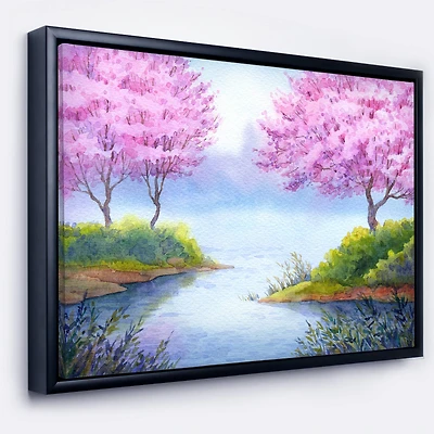 Designart - Flowering Trees Over Lake