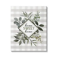 Stupell Industries Home Sweet Home Phrase Green Botanicals Plaid Pattern Canvas Wall Art