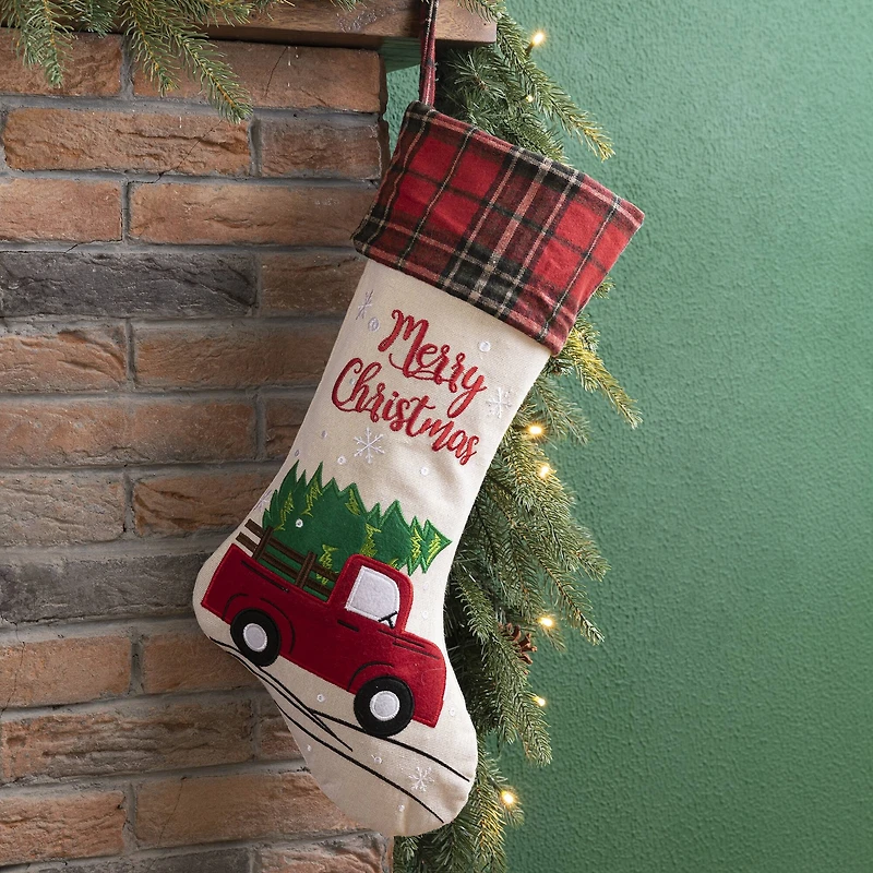 Glitzhome® 21" Embroidered Red Truck Linen Christmas Stocking