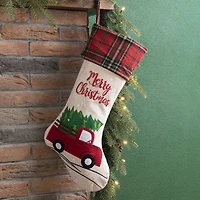 Glitzhome® 21" Embroidered Red Truck Linen Christmas Stocking