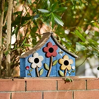 Glitzhome® 15" Blue Distressed Wood Birdhouse with Flowers