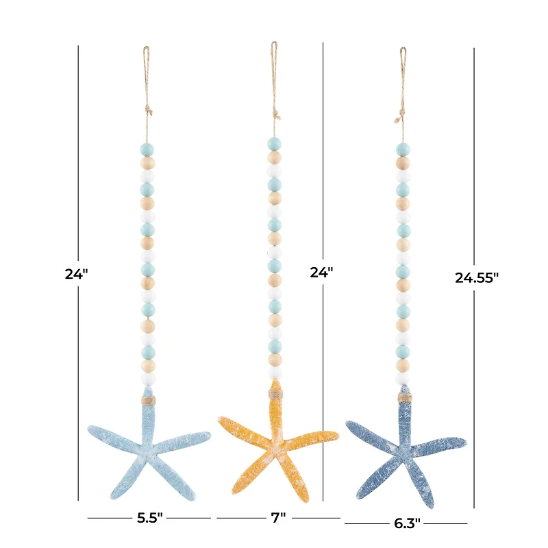 Blue Wood Starfish Handmade Dimensional Wall Décor with Beaded Hanging Rope, Set 3