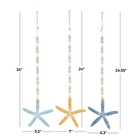 Blue Wood Starfish Handmade Dimensional Wall Décor with Beaded Hanging Rope, Set 3